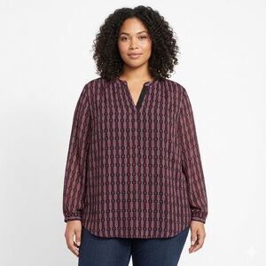 Lane Bryant Tunic Blouse Womens 22/24 Black Geometric V Neck Long Sleeve Top